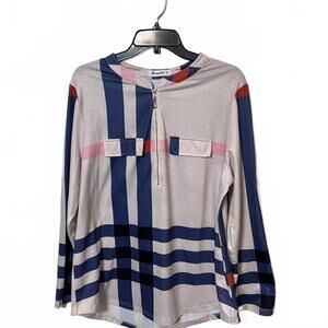 Moyabo Long Sleeve Flowy Geometric Pattern Top 1/4 Zip Up Casual Blouse Size XL